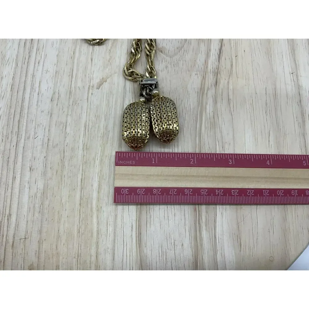 Gold Tone Necklace Rope Chain Double Oval Mesh Pendant Statement 30 In Women VTG